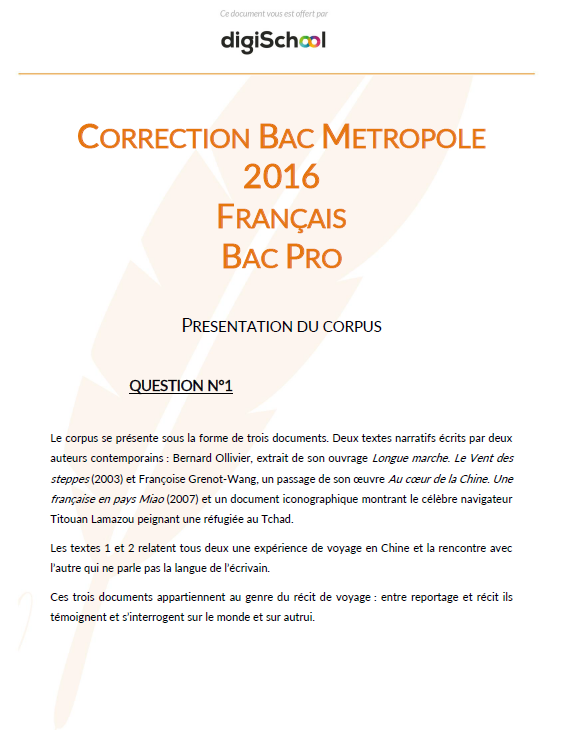 Corrigé Français - Bac Pro Métropole 2016