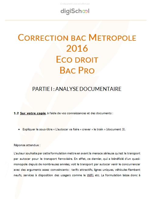 Corrigé Economie Droit - Bac Pro Métropole 2016