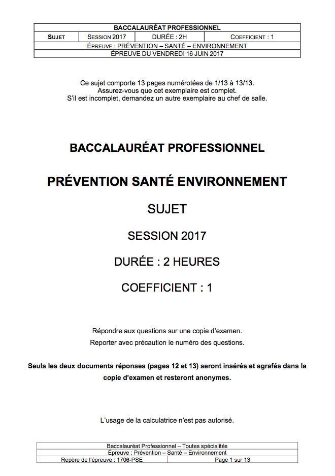 Sujet Prévention Santé Environnement - Bac Pro 2017