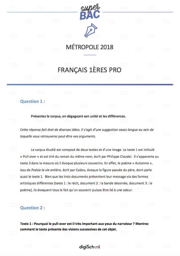 Corrigé de Français (1ère PRO) Bac PRO 2018