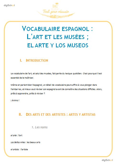 Vocabulaire : L'art et les musées, el arte y los museos - Espagnol - Seconde
