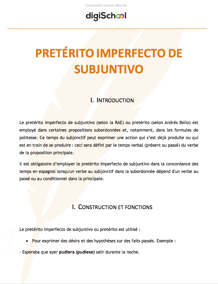 Pretérito imperfecto de subjuntivo - Espagnol - Terminale PRO