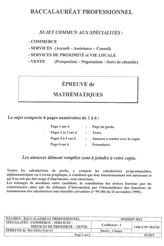 Sujet Bac Pro Mathematiques 2011 Bac Pro Tertiaire
