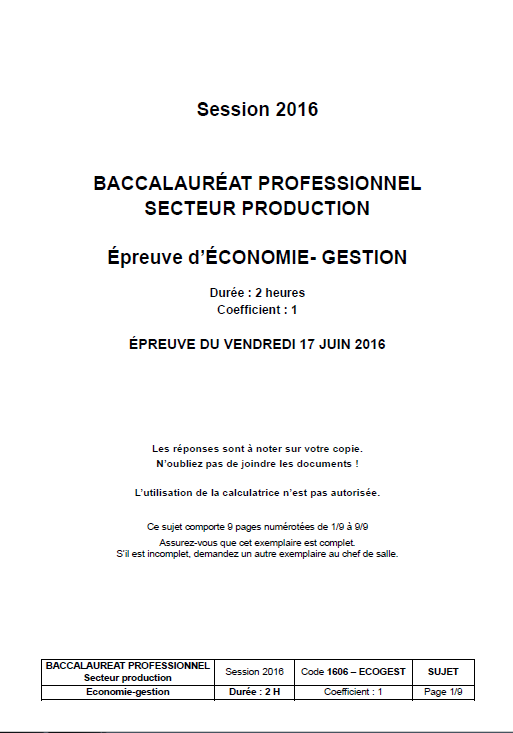 Sujet Eco Gestion - Bac Pro Métropole 2016
