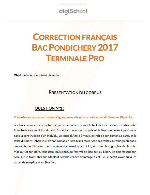 Correction Français - Bac Pro 2017 Pondichéry