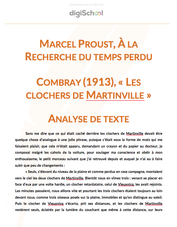 Marcel Proust A la recherche du temps perdu Du côté de Chez Swann Combray Analyse de texte - 1ère pro