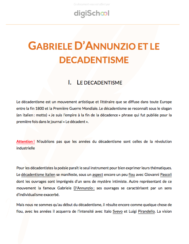 Gabriele D'Annunzio et le Décadentisme - Italien - Terminale Bac Pro