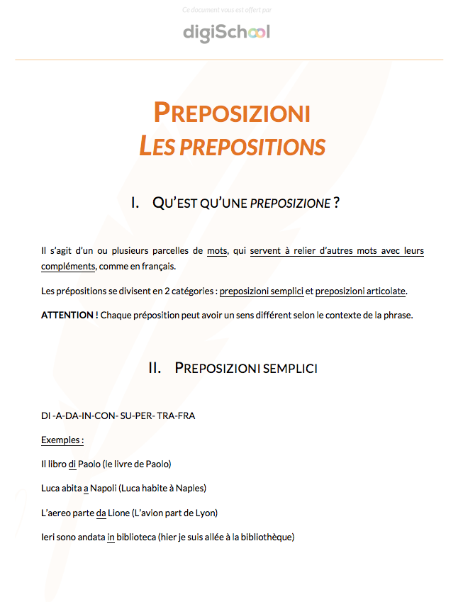 Les prépositions - Italien - Terminale Bac PRO
