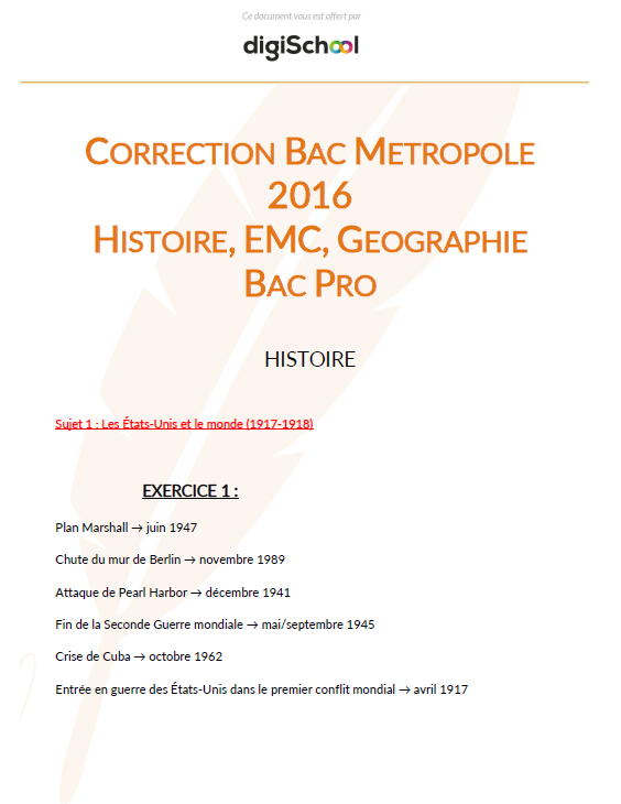 Corrigé Histoire Géographie - Bac Pro Métropole 2016