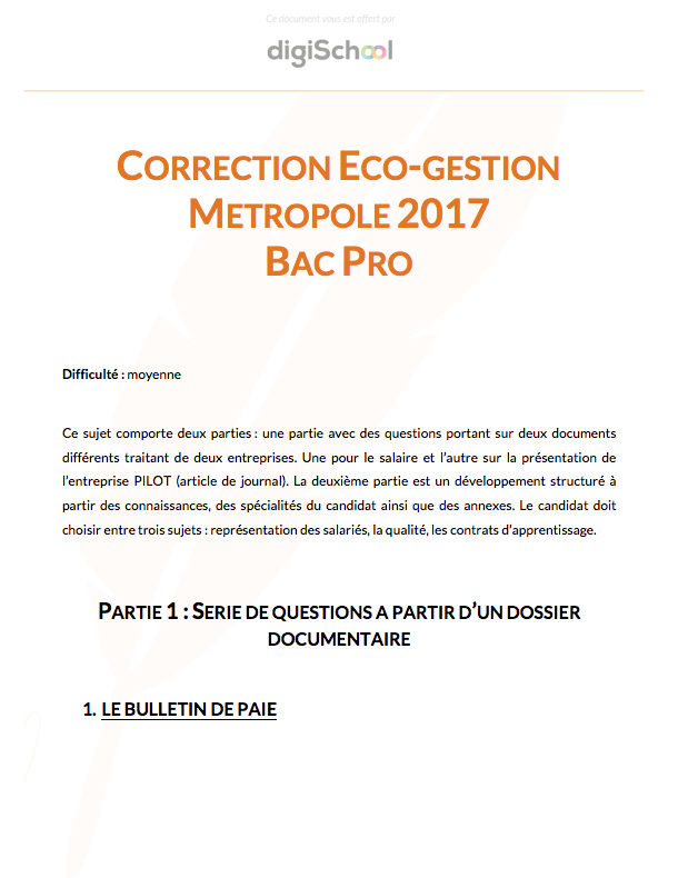 Correction Eco Gestion - Bac Pro 2017