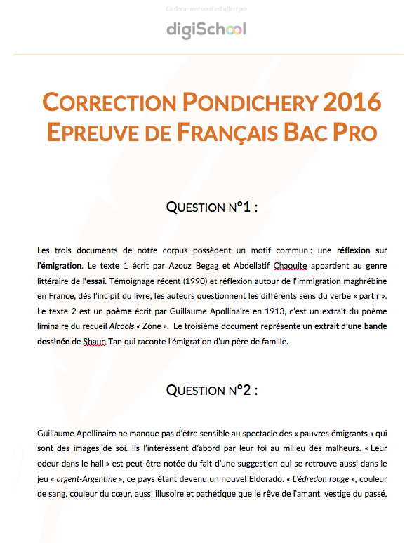 Correction Français - Bac Pro Pondichéry 2016
