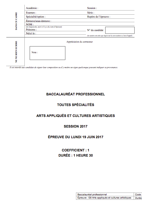 Sujet Arts Appliqués Bac Pro 2017 Métropole 