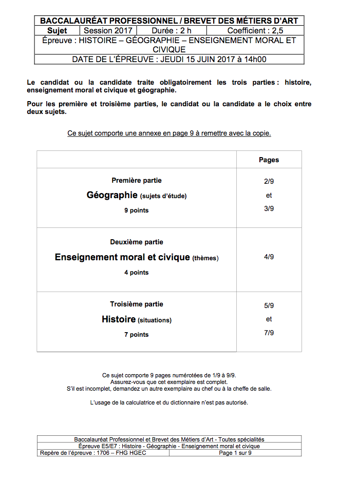 Sujet Histoire Géographie - Bac Pro 2017