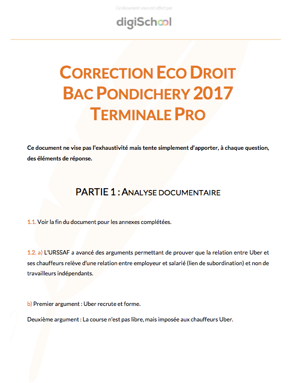 Correction Eco Droit - Bac Pro 2017 Pondichéry