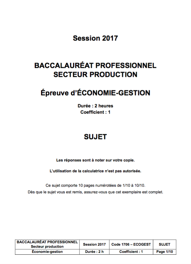 Sujet Eco Gestion - Bac Pro 2017