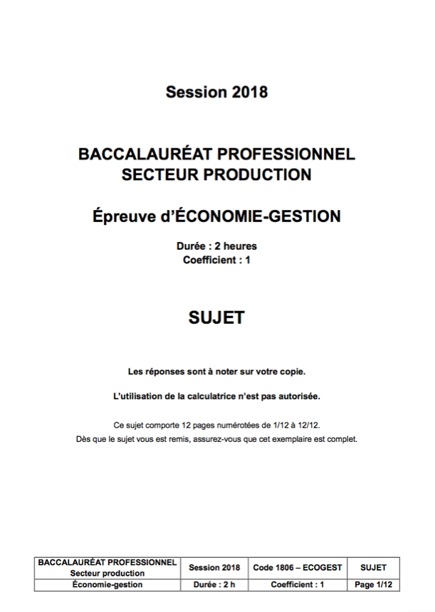 Sujet d'Economie Gestion du Bac PRO 2018