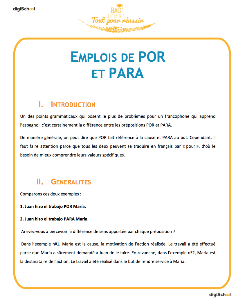 Emplois de por et de para - cours d'espagnol gratuit - BAC PRO