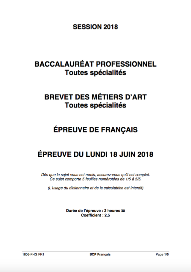 Sujet Français (1ère PRO) - Bac PRO 2018