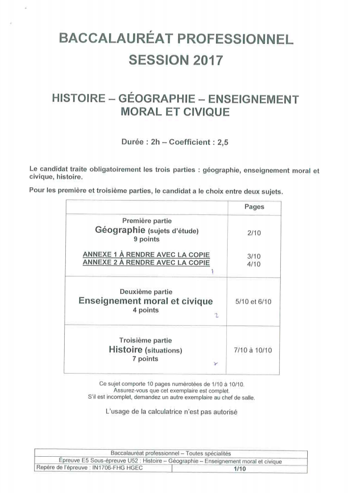 Sujet Histoire Géographie EMC - Bac Pro 2017 Pondichéry