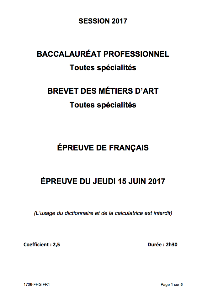 Sujet Français - Bac Pro 2017