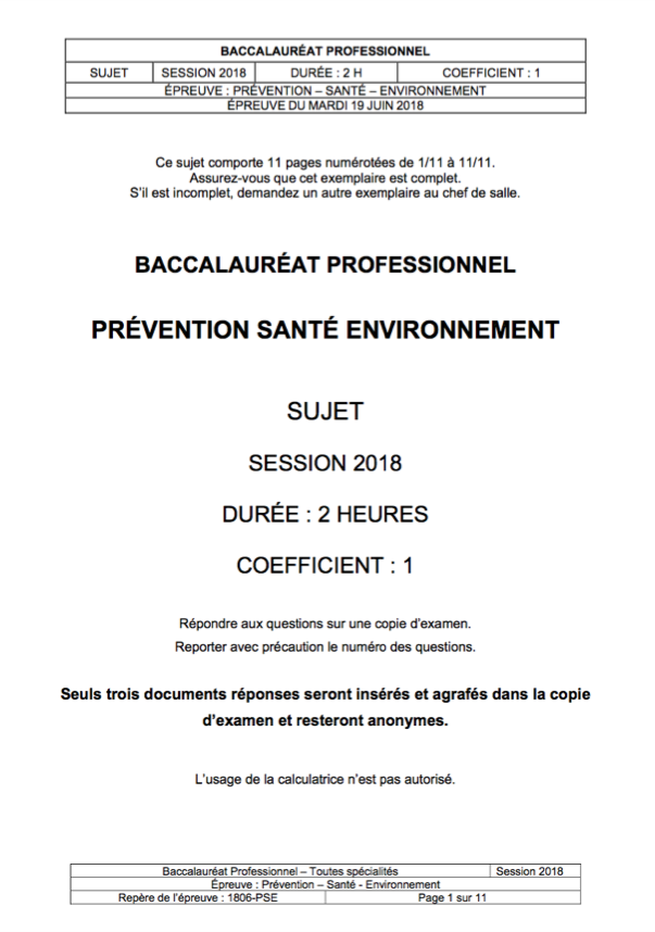 Sujet de Prévention Santé Environnement (PSE) du Bac PRO 2018