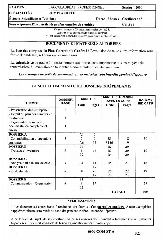 Sujet Bac PRO Compta Activités professionnelles de synthèse 2000