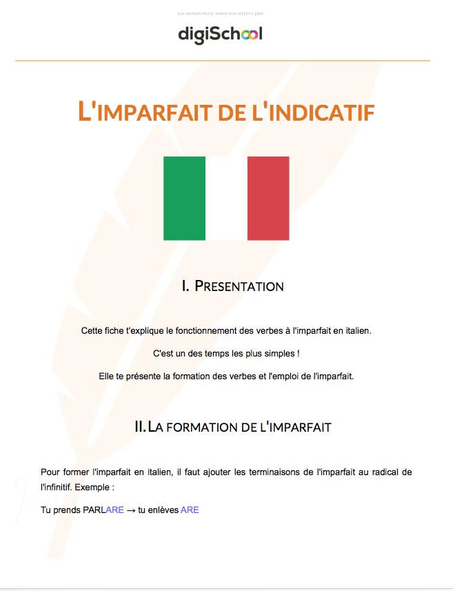 L'imparfait de l'indicatif - Italien - Terminale PRO