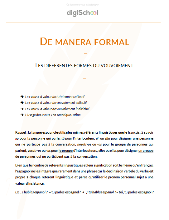 De manera formal : Les différentes formes de vouvoiement - Espagnol - Bac PRO