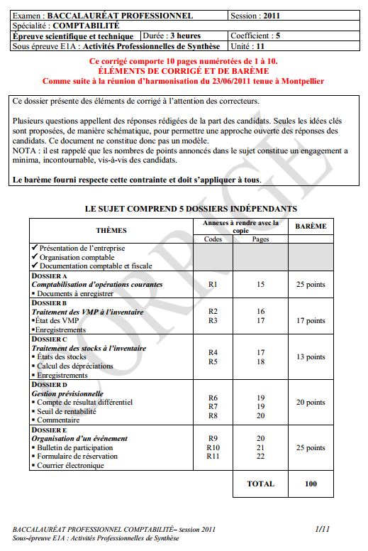 Corrigé du sujet de Comptabilité 2011 du Baccalauréat Professionnel