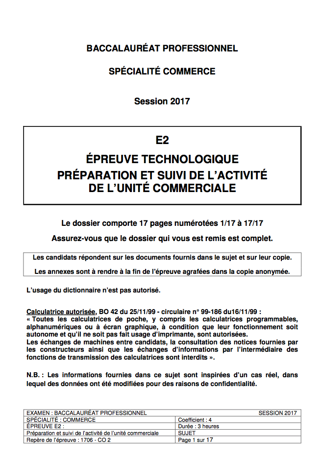 Sujet E2 : Préparation et Suivi de l'Activité Commerciale - Bac Pro Commerce 2017