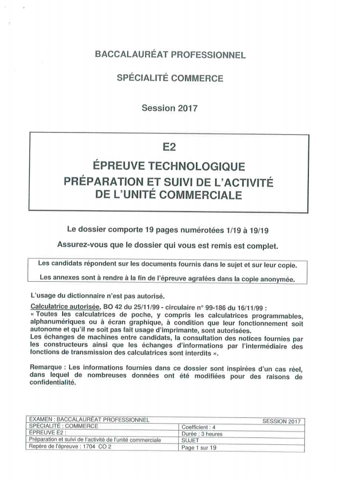 Sujet E2 : Préparation et Suivi de l'Activité Commerciale - Bac Pro Commerce 2017 Pondichéry