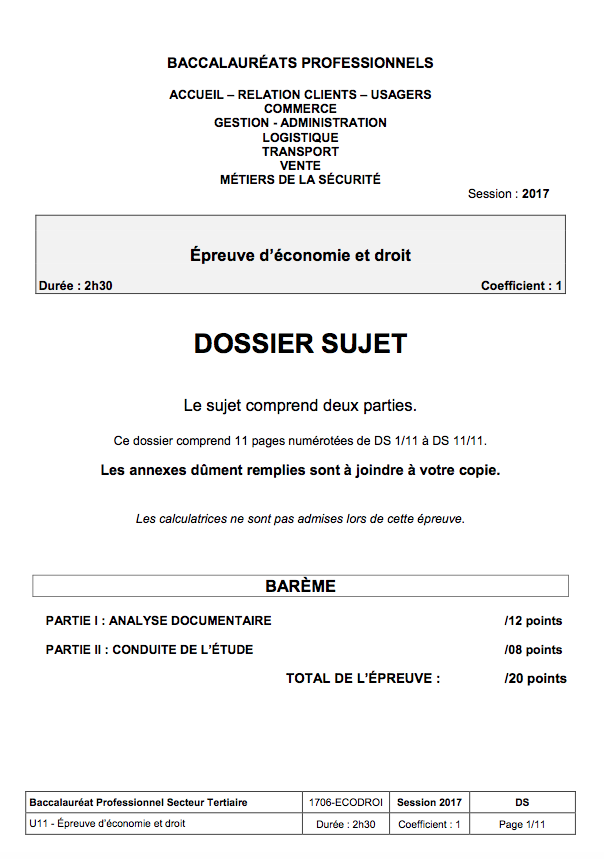 Sujet Eco Droit - Bac Pro 2017