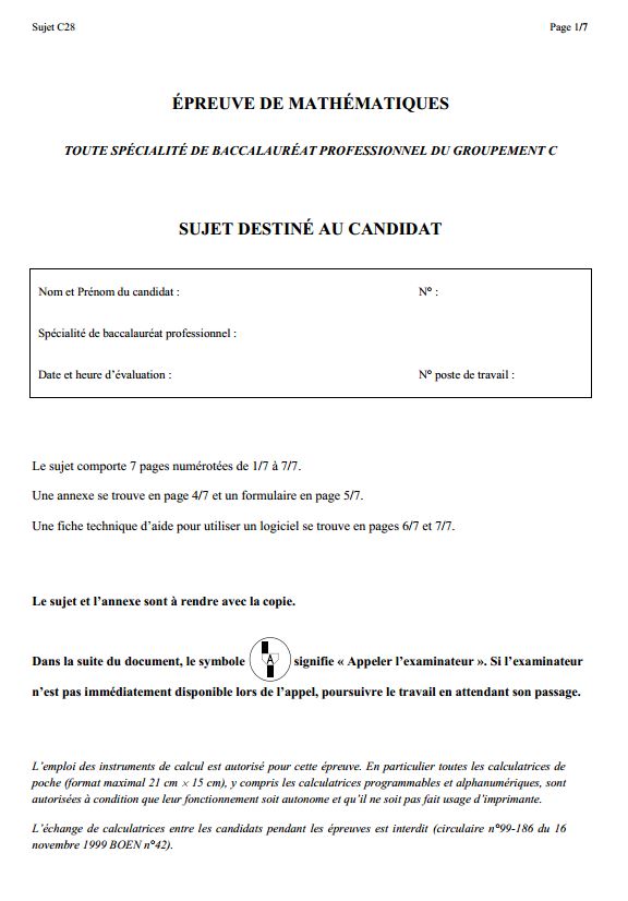 Sujet 3 Maths Bac Pro 2013 - Groupement C