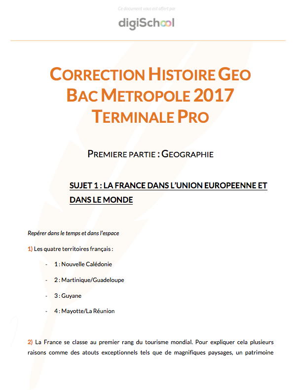 Correction Histoire Géographie - Bac Pro 2017