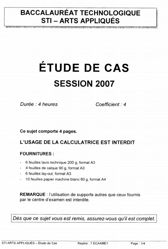 Sujet Etude de cas STI ARTS APPLIQUES 2007