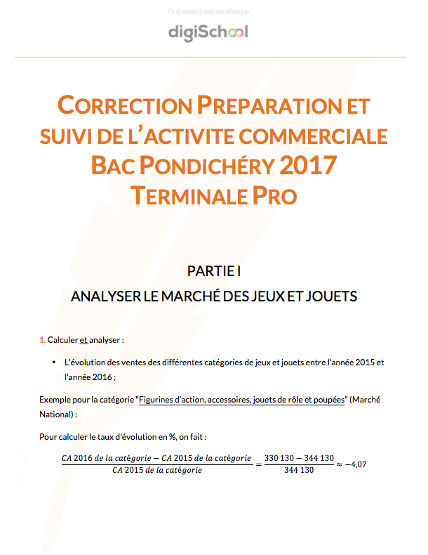 Correction E2 Préparation et Suivi de l'Activité de l'Unité Commerciale - Bac Pro 2017 Pondichéry