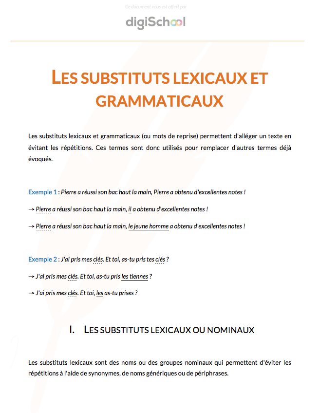Les substituts lexicaux et grammaticaux - Français - Seconde Pro