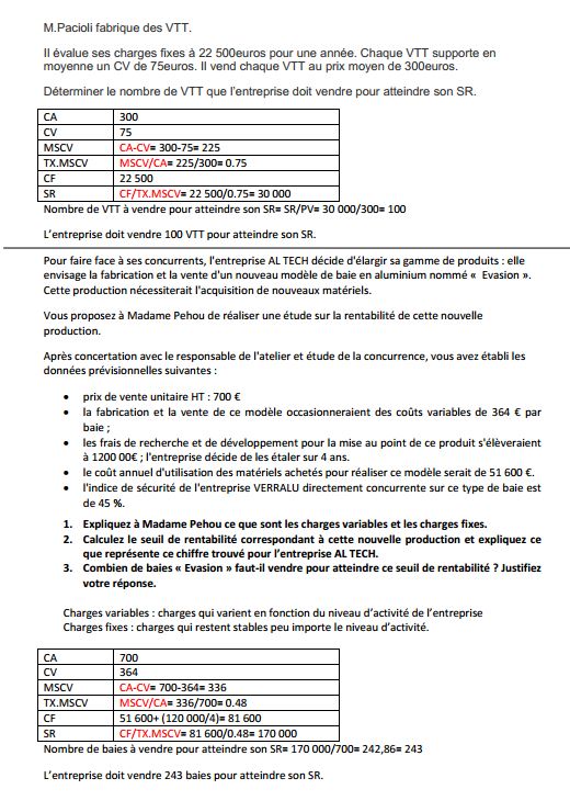 Seuil de rentabilite - Exercice Bac Pro Comptabilité