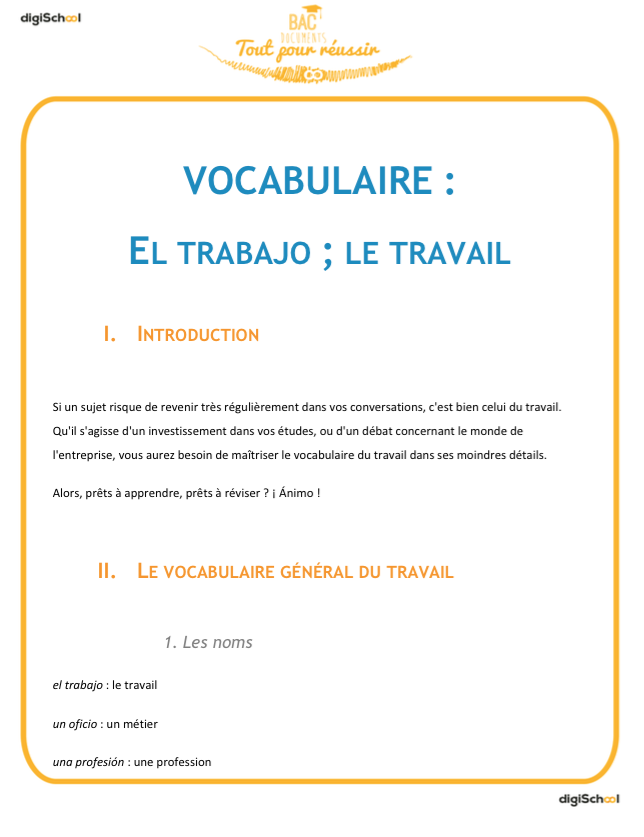 Vocabulaire : Le travail - cours Espagnol - seconde