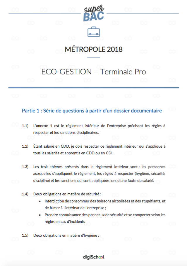 Corrigé d'Economie Gestion du Bac PRO 2018