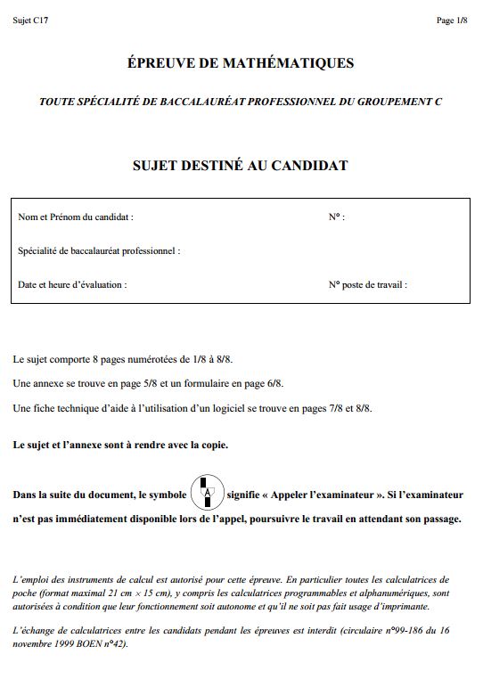 Sujet 1 de Maths Bac Pro 2013 - Groupement C