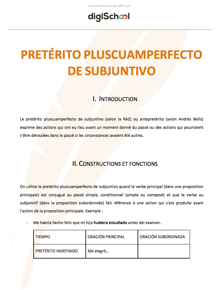 Preterito pluscuamperfecto de subjuntivo - Espagnol - Terminale PRO