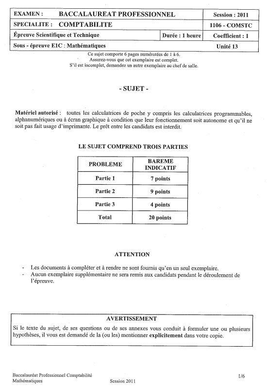 Sujet Maths Bac Pro Comptabilité 2011