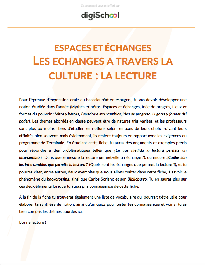 Espace et échange - Les échanges à travers la culture : la lecture - Espagnol - Terminale PRO