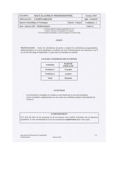 Sujet Mathématiques - Bac PRO Compta 2010