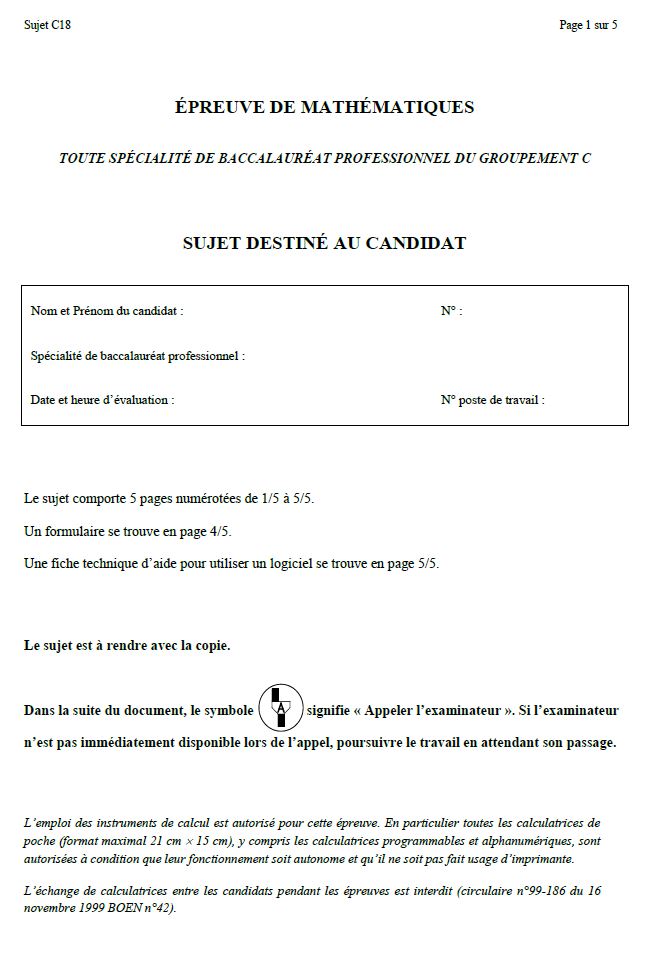 Sujet 2 de Maths Bac Pro 2013 - Groupement C