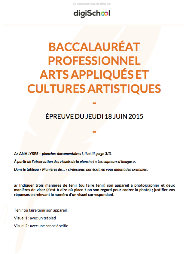 Corrigé bac Pro arts appliqués et cultures artistiques 2015 