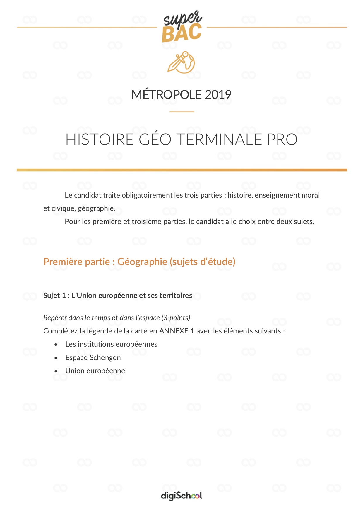 Corrigé d'Histoire-Géographie 1ère - Bac Pro 2019 - Première Pro