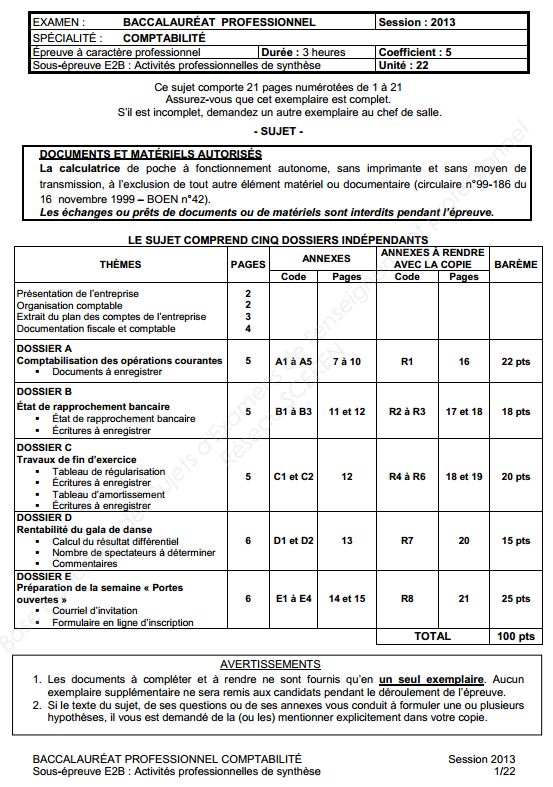 Sujet comptabilité Baccalauréat Professionnel 2013