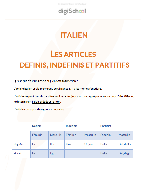 Articles définis, indéfinis et partitifs - Italien - Bac Pro
